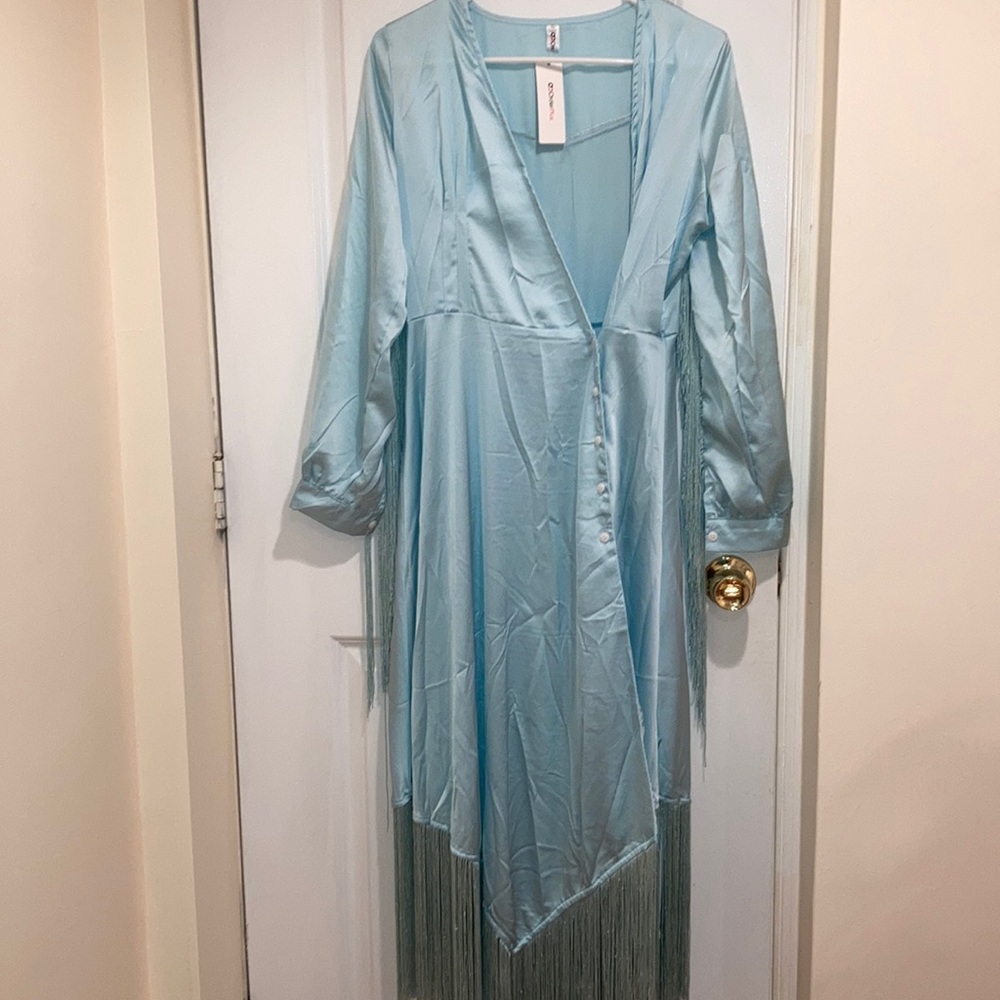 OC OrderPlus Teal fringe button front wrap dress